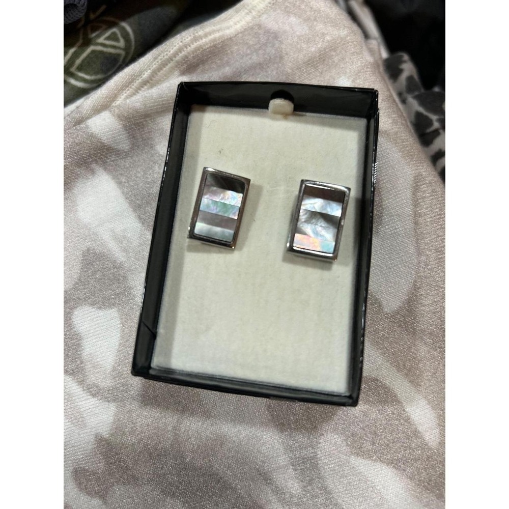 White Opalescent Stone Rectangular Cufflinks Stainless Steel NIB Mens Silver